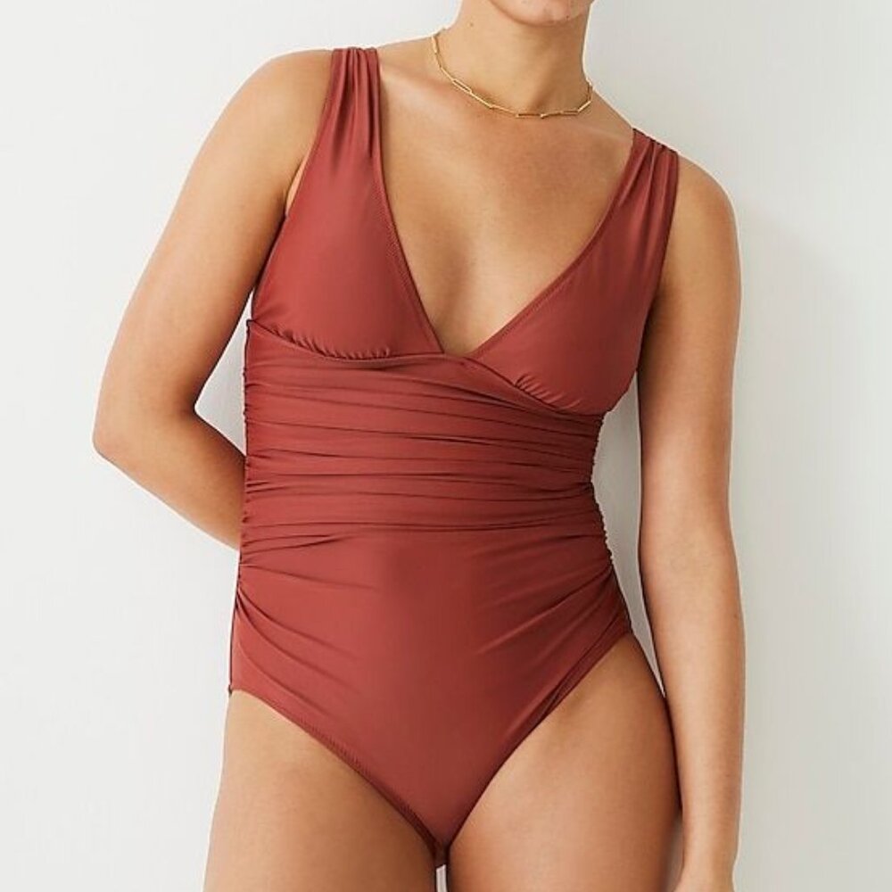J. Crew Women's Plus Size Ruched V-Neck One-Piece Swimsuit in Warm Chimney